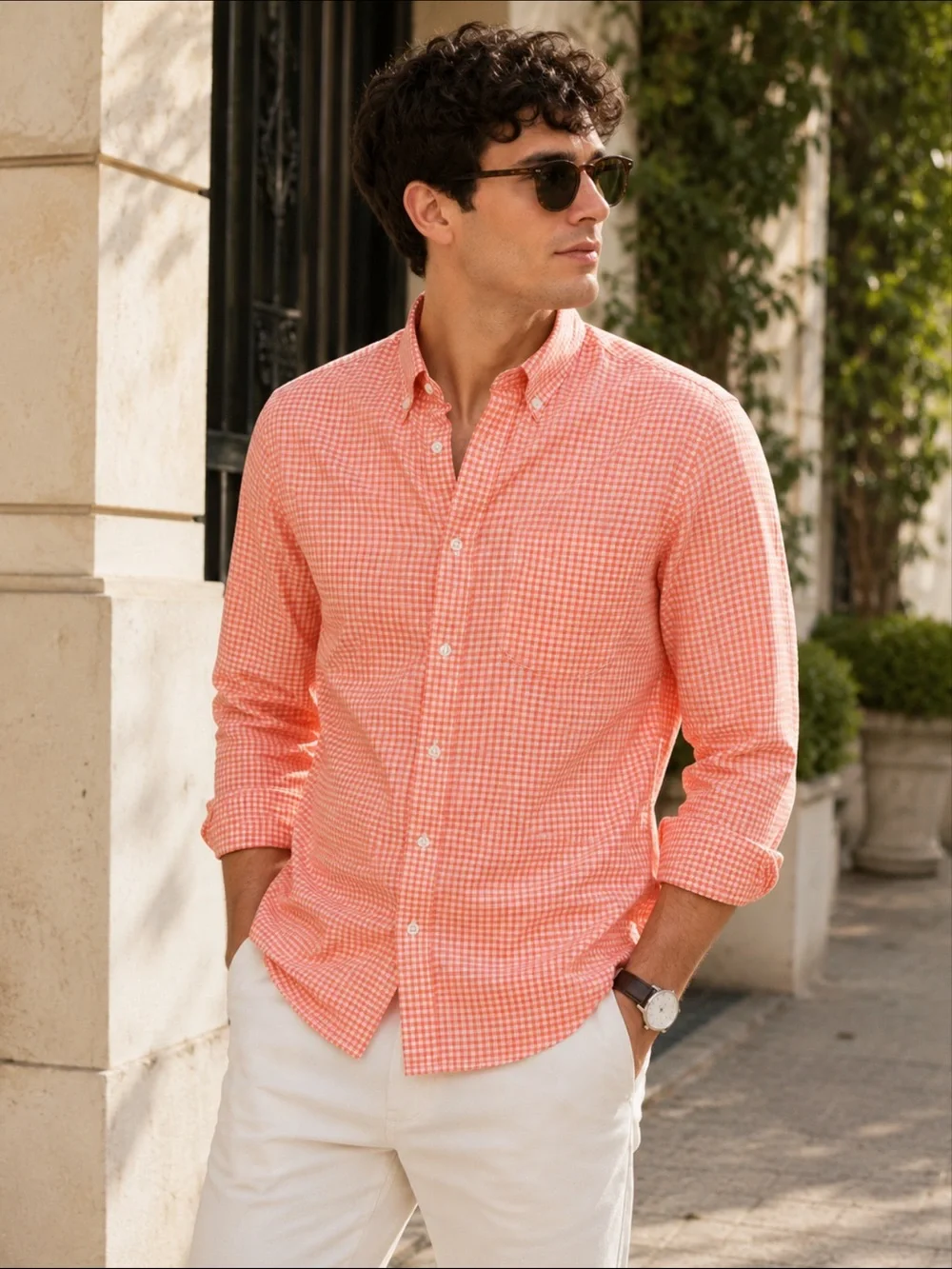J Crew Orange White Gingham Slim Fit Button Down Shirt XL Preppy